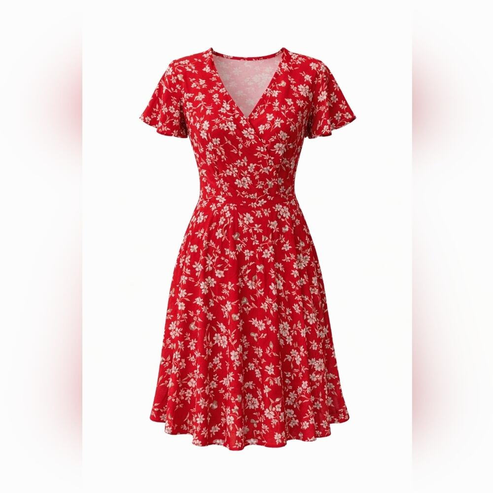 Fensace Red Floral Midi Dress V Neck Flutter Sleeve A Line Never Worn